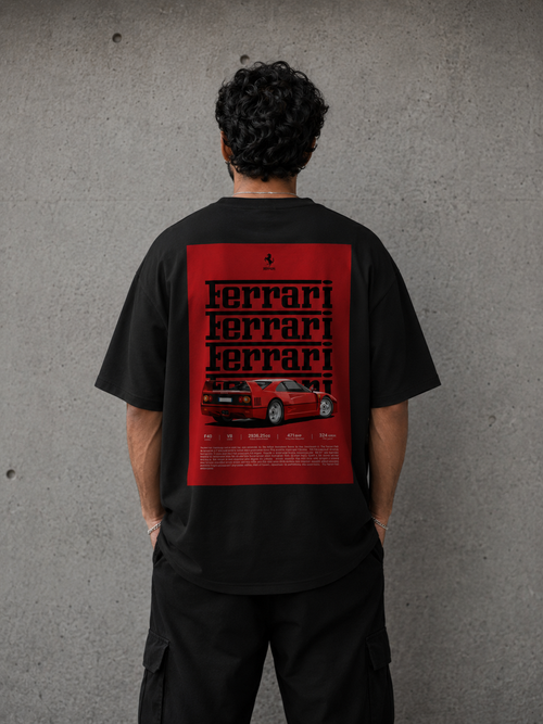 Black oversized t-shirt with Ferrari F40 inspired red car graphic on back, Snitch Glitch streetwear design