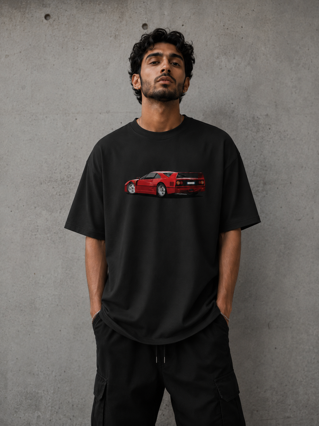Black oversized t-shirt with Ferrari F40 inspired car graphic front print by Snitch Glitch