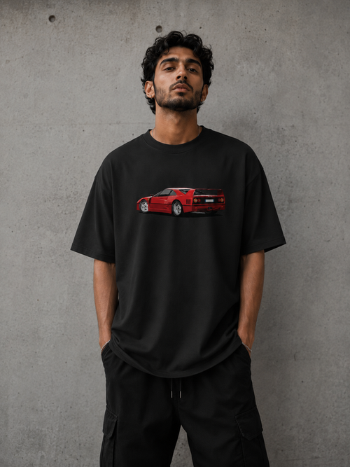 Black oversized t-shirt with Ferrari F40 inspired car graphic front print by Snitch Glitch