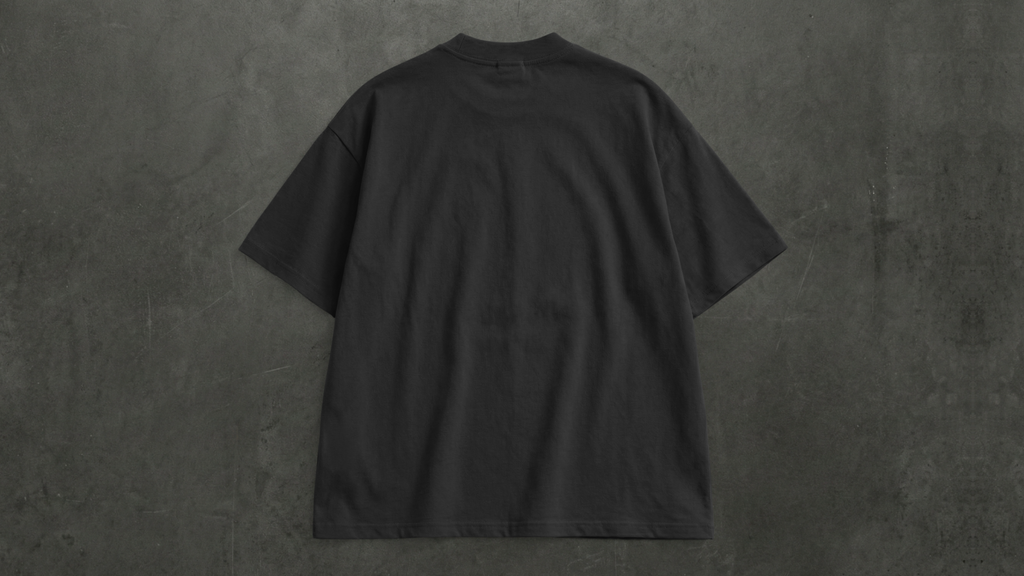 Model wearing Pizza Glitch oversized t-shirt back view by Snitch Glitch