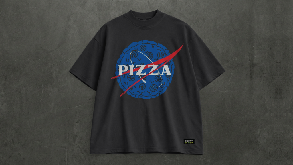 Model wearing Pizza Glitch oversized t-shirt front view by Snitch Glitch