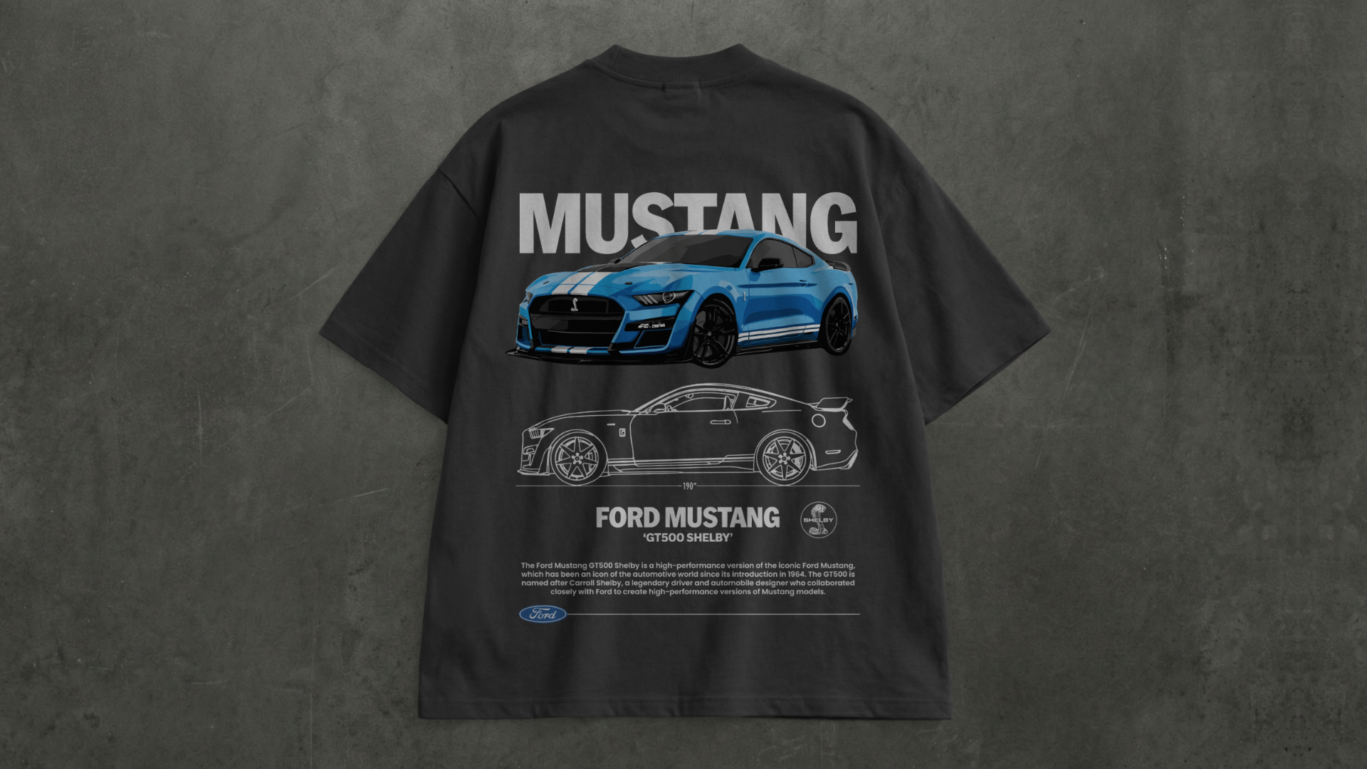 Dark oversized t-shirt with bold Mustang-inspired blue car back artwork by Snitch Glitch
