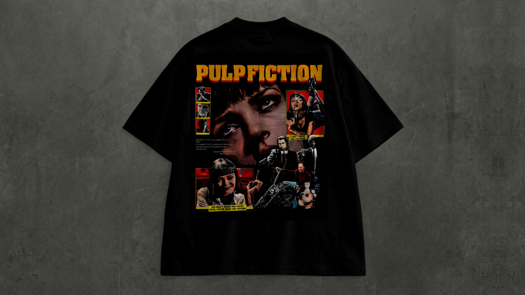 Black Pulp Fiction oversized t-shirt with large retro movie-inspired back graphic artwork by Snitch Glitch