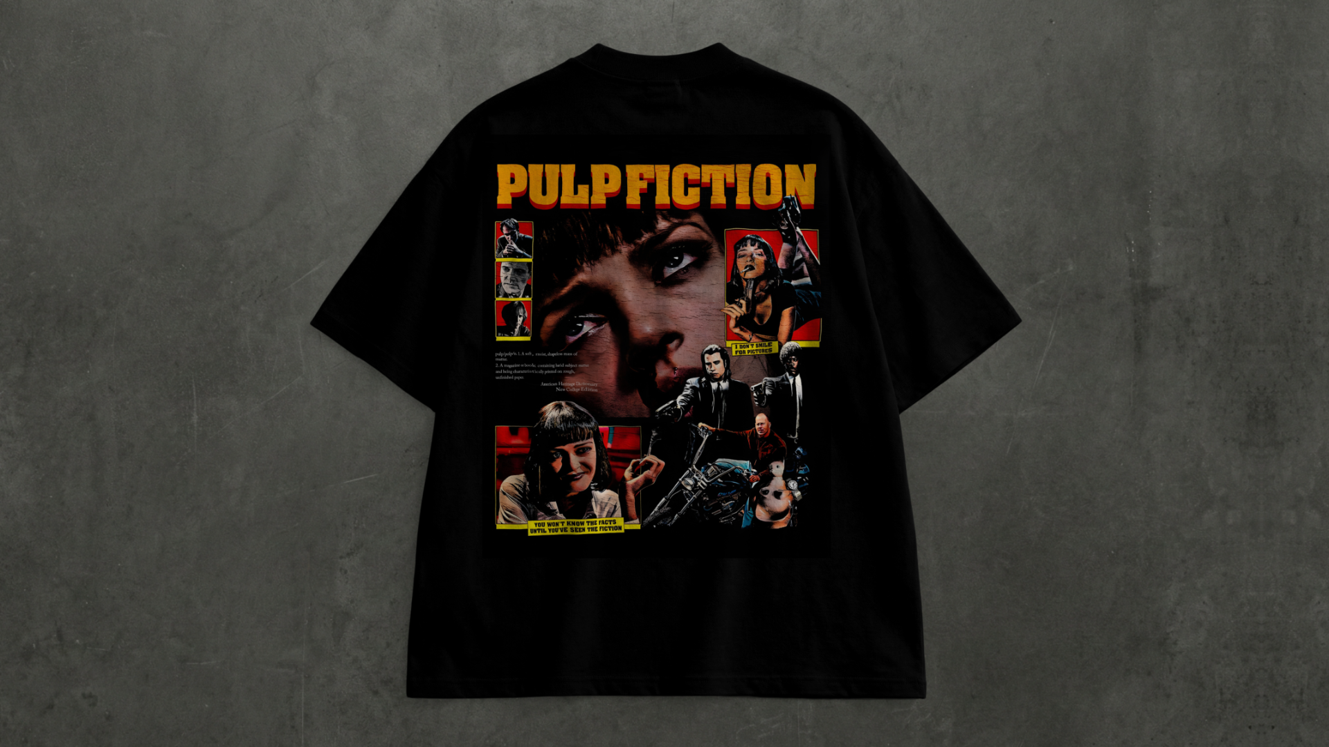 Black Pulp Fiction oversized t-shirt with large retro movie-inspired back graphic artwork by Snitch Glitch