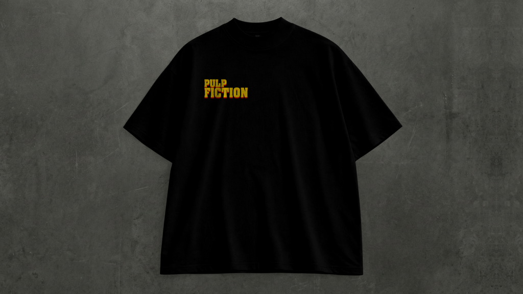 Black Pulp Fiction oversized t-shirt with small front chest graphic print by Snitch Glitch